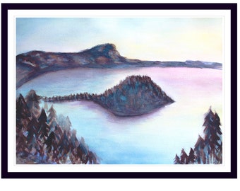 Crater Lake National Park Painting Art Print Decor Poster, Nature Water Lake Sunset Wall Decor, Perfect Unique Gift Present, Erica Prasad