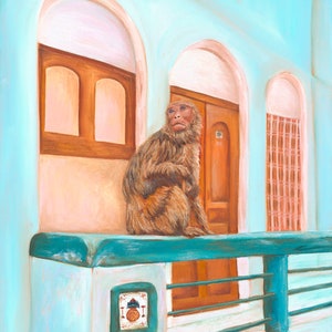 Bohemian Monkey Original Oil Painting, Print Teal Orange Wall Art Decor Boho India Erica Prasad