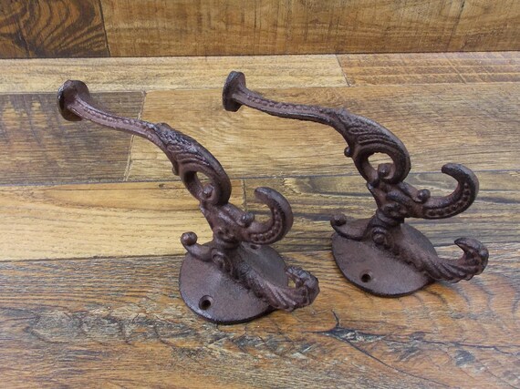 2 Large Ornate COAT HAT HOOK WALL 6-1//4x4 rustic cast iron antique style hanger