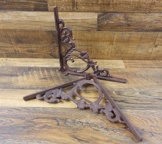 2 BROWN ANTIQUE-STYLE 9.5/" CAST IRON SHELF BRACKETS braces rustic LEAF /& VINE
