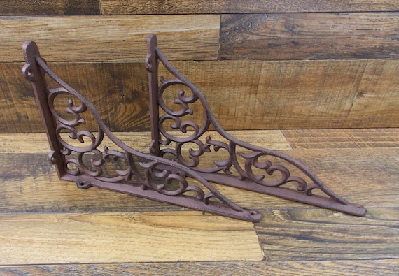4 BROWN ANTIQUE-STYLE 9.5/" SHELF BRACKETS CAST IRON garden rustic LEAF /& VINE