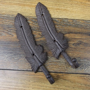 Set of 2  Brown 6 3/4&quot; Rustic Cast Iron Feather Design Wall Hook Coat Hat Towel Hook Hardware