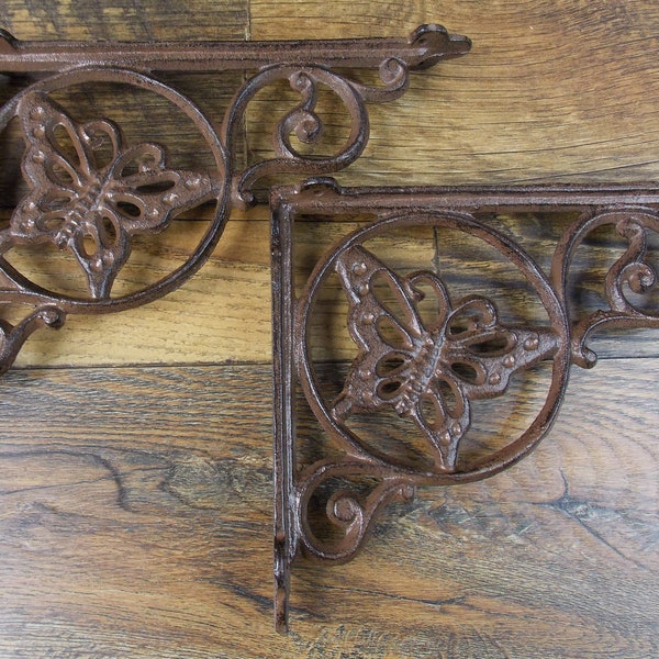 Set of 2 Vintage Look 6 1/2" x 9" Cast Iron Butterfly Design Shelf Brackets Shelving Braces Hardware