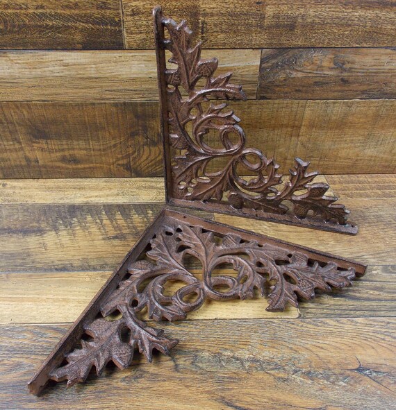 2 BROWN ANTIQUE-STYLE 9.5/" CAST IRON SHELF BRACKETS braces rustic LEAF /& VINE