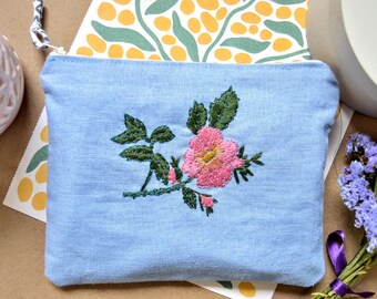 Hand embroidery of dog rose on linen, bag embroidered with flowers, cosmetic bag, linen bag, special gift for her, natural floral