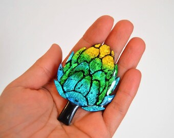 Artichoke Brooch Large/ Floral Jewelry/ Pins/ Accessories/ Button/ Jewelry/ Hand Painted/ Epoxi/ Glitter/ Small Gift