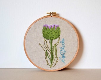 Blooming Artichoke Wall Decor Embroidered Wooden Embroidery Tire 20 cm/ Embroidery Frame/ Home decor/ Wall Decoration/ with Inscription/Textile Art Blooming