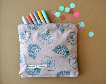 Pink shell bag printed by hand, cosmetic bag with textile print, sea theme, pencil case, for make-up, canvas bag for her