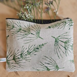 Hand-printed natural linen pouch with a thorny stem motif, also suitable as a cosmetic or pencil case, a special gift, with botanical print
