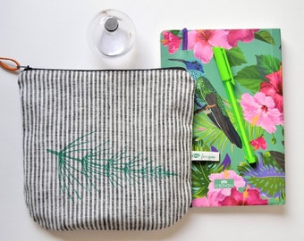 Leinenbag gestreift mit Handprint green Stachelhalm, Leinentäschchen, floral, natur, Schminktasche, Make-up, Botanikdruck, Geschenk für sie