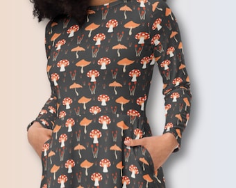 Terracotta Mushroom Dress: Cottagecore Fall Long Sleeve & Fairycore Midi, Ideal for Garden Parties - Women's Plus Size Dresses, Holiday Gift