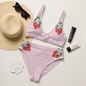 Pink Strawberry Coquette Bikini Set Cottagecore Strawberries High Waisted Bikini Summer Swimsuit Plus Size High Waisted Matching Bikinis