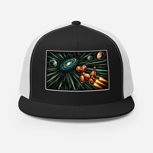 Cappello spaziale con cane palloncino, berretto da camionista astronauta, cappello retrò con toppa fantascientifica, regalo per gamer galattico, strano cappello da cowboy spaziale