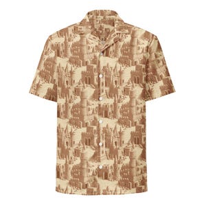 May include: Short-sleeved button-down shirt with a repeating pattern of sandcastles in shades of tan and brown. The shirt has a classic collar and a relaxed fit, suitable for casual wear.
