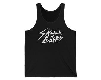 May include: Black tank top with the white text "SKULL BONES" in a stylized, jagged font. The design includes a skull and crossbones graphic. The sleeveless top is made of a soft material.