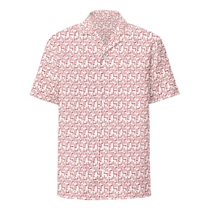 May include: A short-sleeved button-down shirt with a white background and a repeating red geometric pattern. The shirt has a classic collar and a relaxed fit, suitable for casual wear. The pattern consists of vertical and horizontal lines.