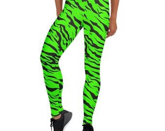 Neon Green Tiger Leggings – 80s Rock Style Pants – Retro Animal Print Leggings