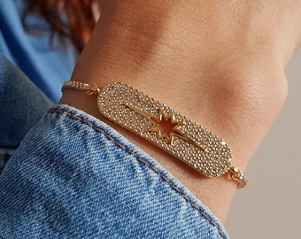 Gold Plated Pave North Star Adjustable Bracelet