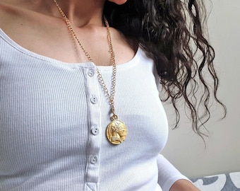 Greek Goddess Artemis Gold Medallion Necklace, Ancient Greek Gold Coin Necklace, Gift for Her, Layered Long Gold Chain Necklace