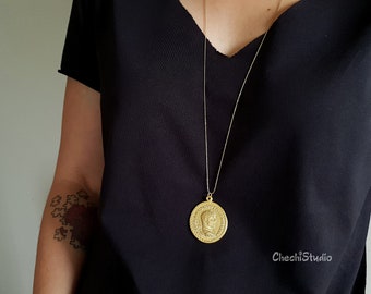 Long Gold Necklace, Gold Medallion Necklace, Statement Necklace, Gift for Her, Gold Chain Necklace, Layered Necklace, Coin Necklace