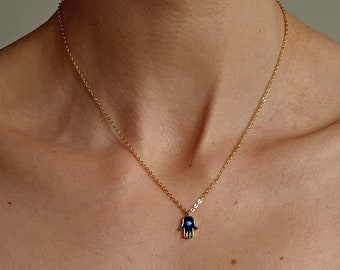 Dainty Gold Hamsa Necklace, Enamel Evil Eye Charm