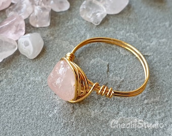 Raw Rose Quartz Ring, Gold Plated Wire Wrapped Stacking Ring