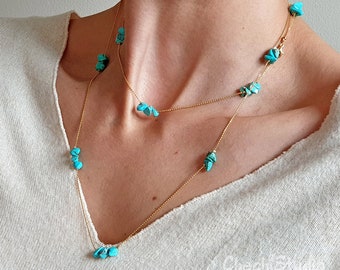 Raw Turquoise Beaded Gold Plated Long Necklace, December Birthstone