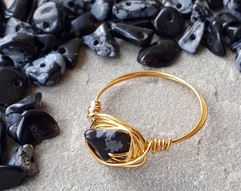 Snowflake Obsidian Ring, Healing Crystal, Wire Wrap Ring, Gemstone Ring, Obsidian Beaded Ring, Dainty Gold Wire Ring