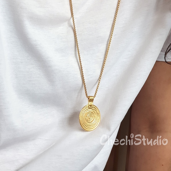 Long Gold Medallion Necklace, Gold Disc Necklace, Statement Necklace, Gift for Her, Gold Chain Necklace, Layered Necklace, Swirl Necklace