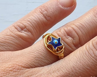 Evil Eye Ring, Wire Wrap Ring, Blue Star Ring, Gold Plated Stacking Rings, Evil Eye Jewelry, Dainty Wire Ring, Minimal Ring