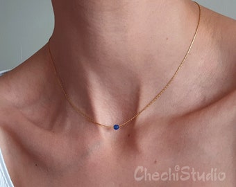 Dainty Gold Sapphire Blue Birthstone Necklace, Layering Gold Necklace, December Birthstone Gemstone Necklace, Gift for Her