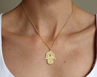 Gold Hamsa Necklace, Hamsa Pendant Necklace, Gold Evil Eye Necklace, Gift for Her, Evil Eye Jewellery