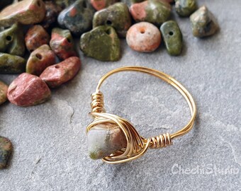 Gemstone Jewelry Healing Crystal Ring Boho Ring Jasper Ring Gemstone Ring Wire Wrapped Crystal Unakite Jasper Ring Crystal Ring