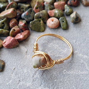 Unakite Ring, Healing Crystal, Raw Gemstone Ring, Wire Wrap Ring, Ama Beaded Ring, Gold Plated Stacking Rings, Dainty Wire Ring