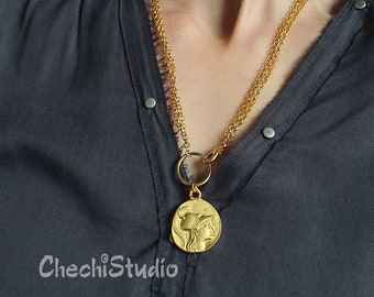 Gold Greek Coin Medallion Long Necklace, 22K Plated Chain