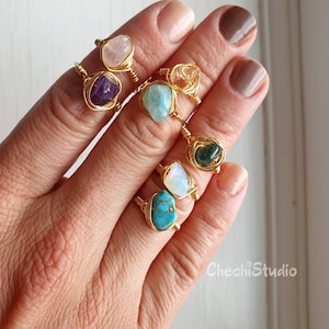Crystal Wire Wrap Rings, Raw Gemstone Rings, Silver Boho Rings, Birthstone Ring, Heart Chakra Ring, Rose Quartz, Citrine, Amethyst, Emerald
