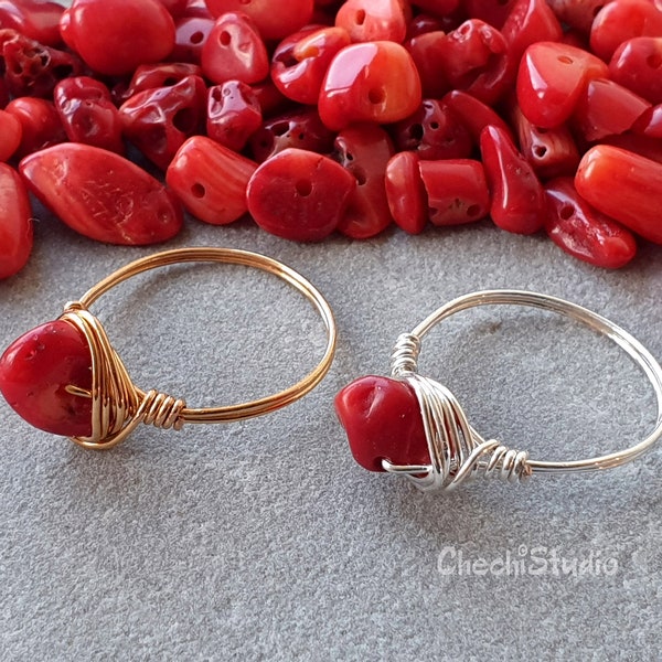 Red Coral Ring, Wire Wrap Ring, Gold-Silver Plated Stacking Rings, Dainty Wire Ring