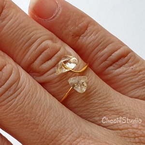 Op de afbeelding: Gouden ring met twee heldere kwartsstenen die om de band zijn gewikkeld.