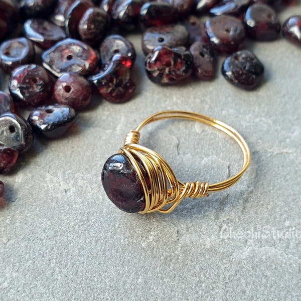 Garnet Ring, Wire Wrap Ring, January Birthstone, Garnet Stone Ring, Gold Plated Ring, Stacking Rings, Dainty Wire Ring, Minimal Ring