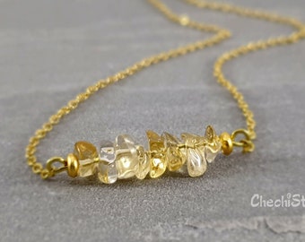 Dainty Gold Citrine Necklace, November Birthstone, Gemstone Necklace, Layering Beaded Bar  Gold Necklace, Gift for Her, Bridesmaid Gifts