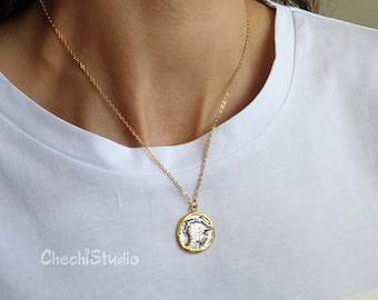 Gold Greek Coin Necklace, Gold Medallion Necklace, Dainty Gold Necklace, Roman Coin Necklace, Layering Necklace