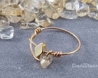 Citrine Crystal Ring, Wire Wrap Crystal Ring, November Birthstone, Dainty Gold Wire Ring