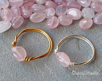 Rose Quartz Ring, Wire Wrap Ring, Healing Crystal, Raw Gemstone Ring, Heart Chakra Ring, Gold-Silver Plated Stacking Rings, Dainty Wire Ring