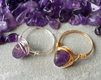 Anillo de amatista en bruto, alambre chapado en oro de 22k, anillo apilable