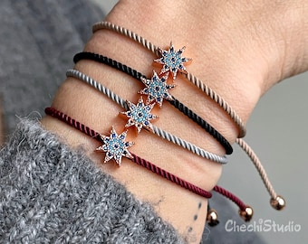 Adjustable Cord North Star Bracelet, Pave North Star Bracelet, Gift for Her, Friendship Bracelet, Rose Gold North Star Charm Bracelet