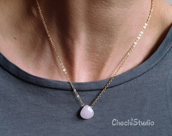 Rose Quartz Teardrop Pendant Necklace, Birthstone Necklace, Dainty Gold Necklace, Layering Gemstone Necklace