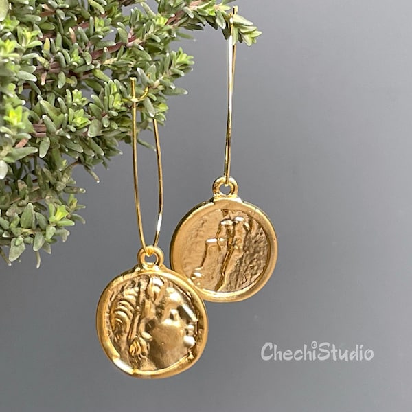 Gold Greek Coin Earrings, Alexander The Great Gold Earrings, Gold Roman Coin Earrings, Gold Disc Earrings