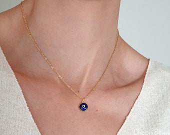 Dainty Gold Chain Blue Evil Eye Necklace, Handmade Charm