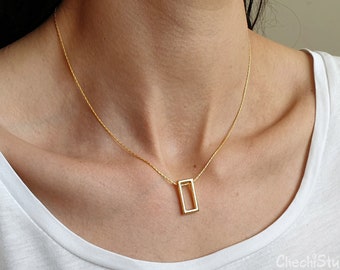 Collier en or minimaliste, collier rectangle géométrique, cadeau pour elle