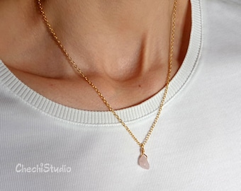 Rose Quartz Necklace, Wire Wrap Necklace, Healing Crystal, Gemstone Necklace, Heart Chakra Necklace, Dainty Gold-Silver Layered Necklace